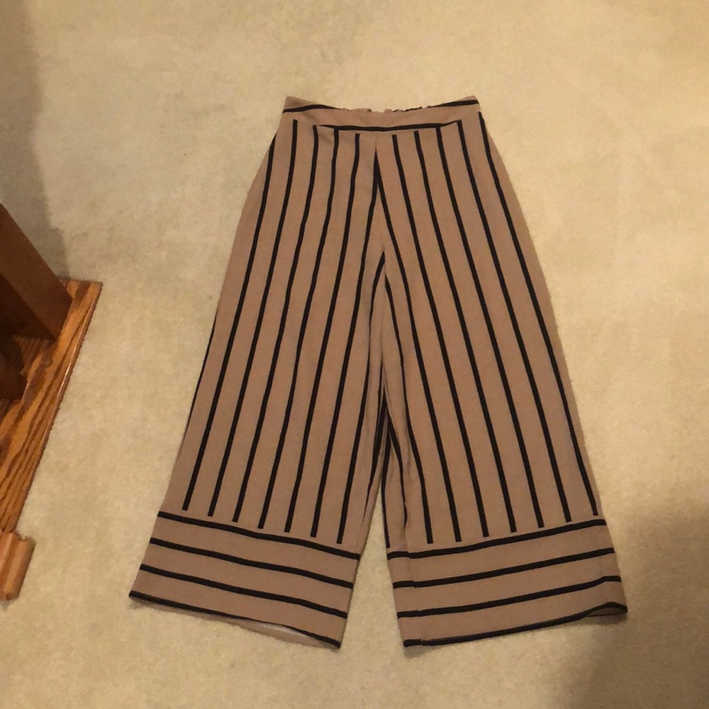 Tan & black striped wide leg ankle trousers